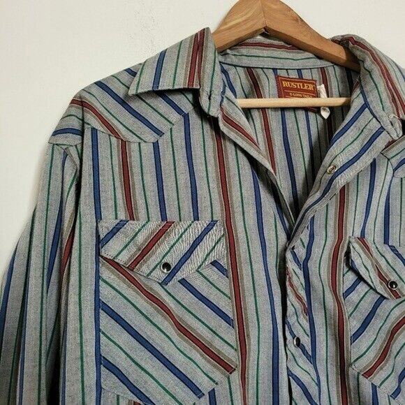 Vtg Rustler Pearl Snap Button Up Shirt Mens 17.5 34/35 Western Multicolor Stripe - Picture 3 of 11